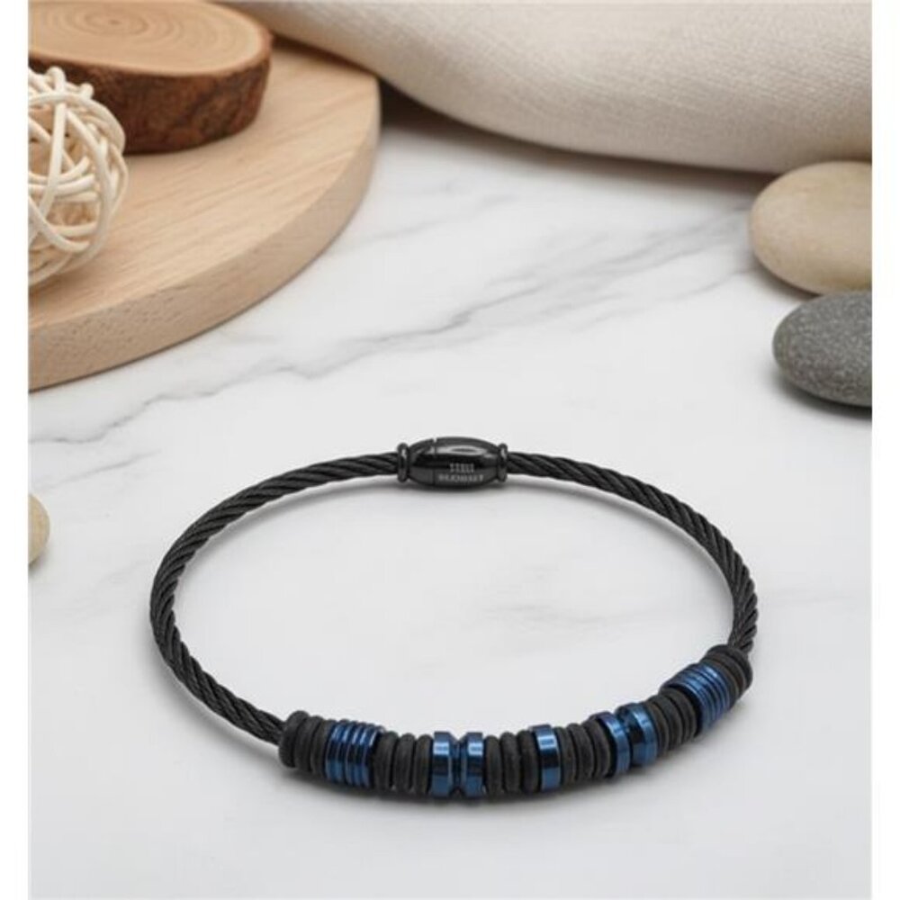 Black Blue Stainless Steel Cable Wire Bracelet Magnetic Clasp 7.5in Mens